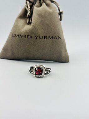 David Yurman Sterling Silver Garnet & Diamond Petite Albion Ring Size 6